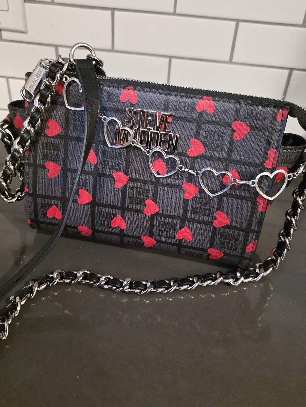 Steve Madden Black Crossbody Bag with Red Heart Print